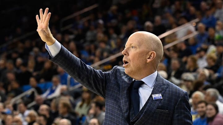 Jan 30, 2025; Los Angeles, California, USA;  UCLA Bruins head coach Mick Cronin calls out a play during the second half against the Oregon Ducks at Pauley Pavilion presented by Wescom. Mandatory Credit: Alex Gallardo-Imagn Images