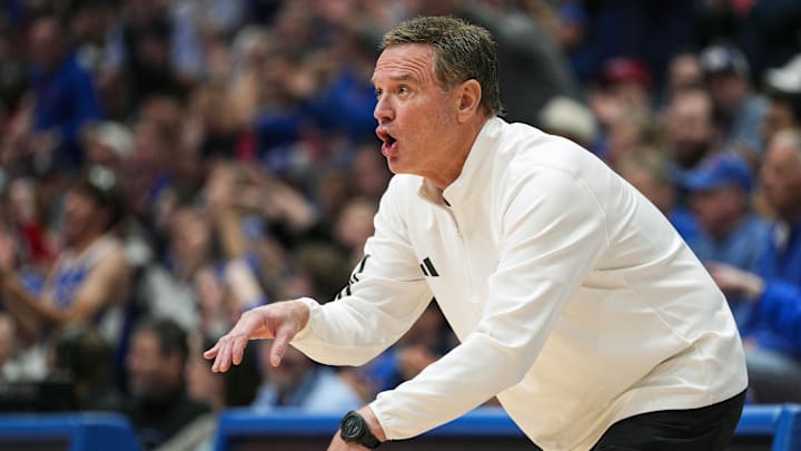 Feb 9, 2026; Lawrence, Kansas, USA; Kansas Jayhawks head coach Bill Self reacts during the first half against the Arizona Wildcats at Allen Fieldhouse. Mandatory Credit: Jay Biggerstaff-Imagn Images
