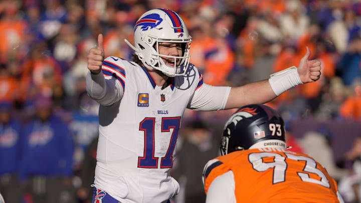 Buffalo Bills quarterback Josh Allen signals to the offensive line a play during first half action at Empower FIeld at Mile High in Denver, Colorado on Jan. 17, 2026.