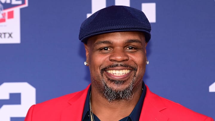 Jun 12, 2024; Foxborough, MA, USA; Former NFL player Vince Wilfork stops on the red carpet for a photo at the New England Patriots Hall of Fame induction ceremony for Tom Brady at Gillette Stadium. Mandatory Credit: Eric Canha-Imagn Images