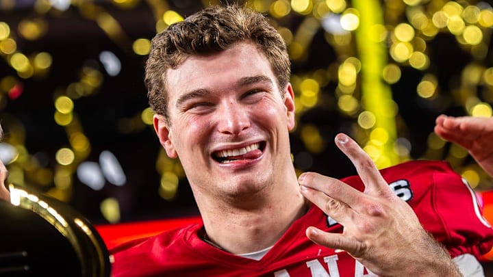 Indiana's Fernando Mendoza (15) smiles as he celebrates after the College Football Playoff National Championship college football game at Hard Rock Stadium in Miami Gardens on Monday, Jan. 19, 2026.