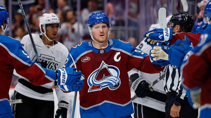 Sep 30, 2026; Denver, Colorado, USA; Colorado Avalanche left wing Gabriel Landeskog (92) celebrates his goal with the bench in the third period against the Los Angeles Kings at Ball Arena. Mandatory Credit: Isaiah J. Downing-Imagn Images