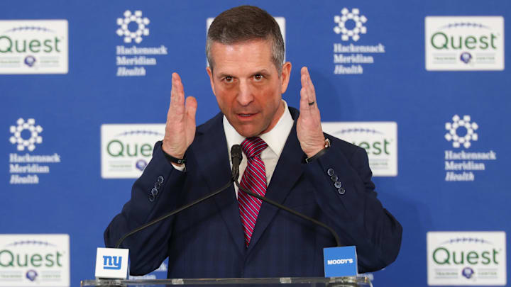 Jan 20, 2026; East Rutherford, NJ, USA; New York Giants head coach John Harbaugh speaks at the press conference announcing his hiring