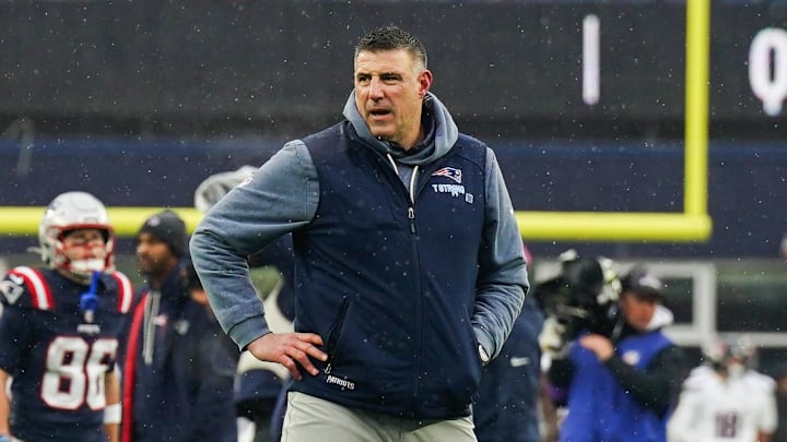 Jan 18, 2026; Foxborough, MA, USA; New England Patriots head coach Mike Vrabel looks on during warm ups before an AFC Divisional Round game against the Houston Texans at Gillette Stadium. Mandatory Credit: David Butler II-Imagn Images