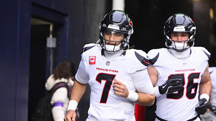 Jan 18, 2026; Foxborough, MA, USA; Houston Texans quarterback C.J. Stroud (7) enters the field before an AFC Divisional Round game against the New England Patriots at Gillette Stadium. Mandatory Credit: Brian Fluharty-Imagn Images