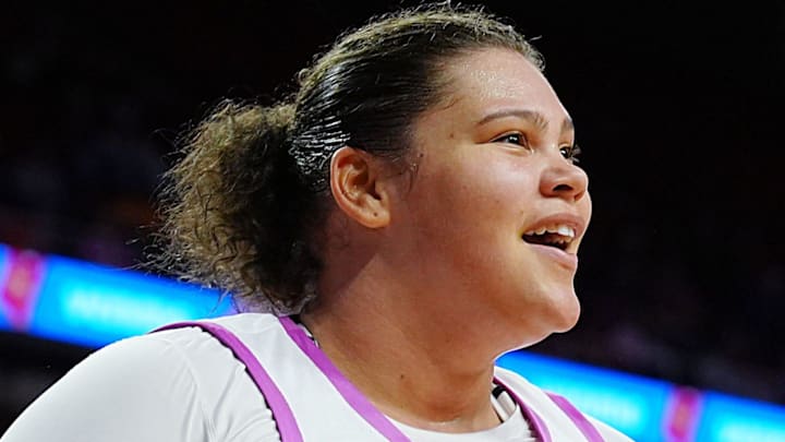 Iowa State Cyclones' center Audi Crooks (55) reacts after a score against Kansas State during the second quarter in the Big-12 conference women’s basketball on Feb. 15, 2026, at Hilton Coliseum, in Ames, Iowa.
