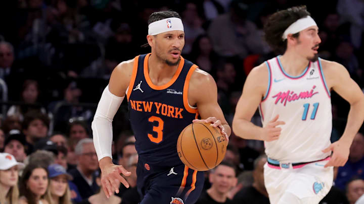 Mar 17, 2025; New York, New York, USA; New York Knicks guard Josh Hart (3) brings the ball up court against Miami Heat guard Jaime Jaquez Jr. (11) during the second quarter at Madison Square Garden. Mandatory Credit: Brad Penner-Imagn Images
