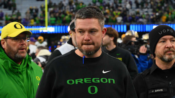 Nov 29, 2025; Seattle, Washington, USA; Oregon Ducks head coach Dan Lanning after the game against the Washington Huskies at Husky Stadium. Nov 29, 2025; Seattle, Washington, USA; Oregon Ducks head coach Dan Lanning after the game against the Washington Huskies at Husky Stadium.