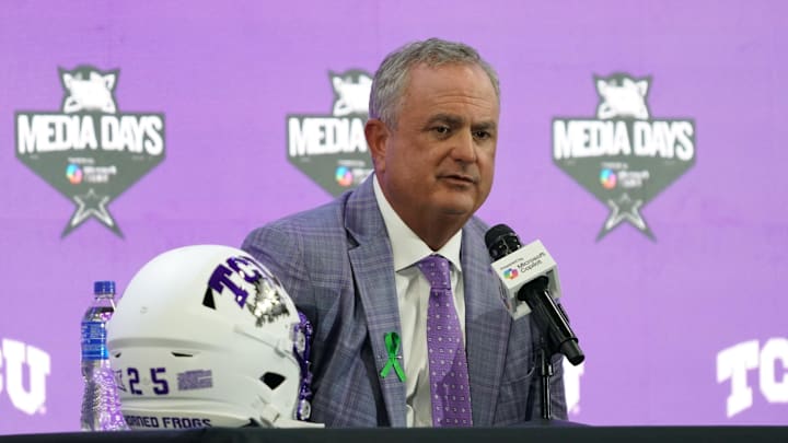 Jul 9, 2025; Frisco, TX, USA; TCU head coach Sonny Dykes speaks with the media during 2025 Big 12 Football Media Days at The Star. Jul 9, 2025; Frisco, TX, USA; TCU head coach Sonny Dykes speaks with the media during 2025 Big 12 Football Media Days at The Star.