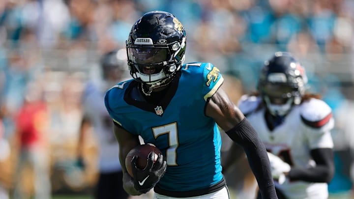 Jacksonville Jaguars wide receiver Brian Thomas Jr. (7) rushes for yards after a reception during the fourth quarter of an NFL football matchup at EverBank Stadium, Sunday, Sept. 21, 2025, in Jacksonville, Fla. The Jaguars defeated the Texans 17-10.