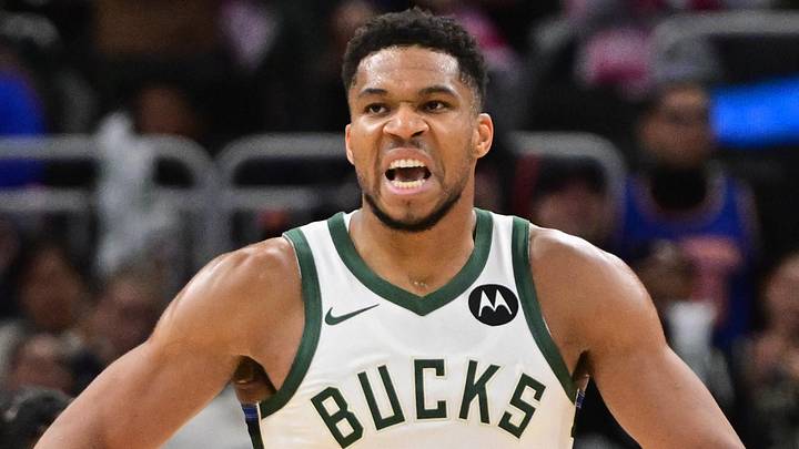 Oct 28, 2025; Milwaukee, Wisconsin, USA;  Milwaukee Bucks forward Giannis Antetokounmpo (34) reacts after scoring a basket in the 3rd quarter against the New York Knicks at Fiserv Forum. Mandatory Credit: Benny Sieu-Imagn Images
