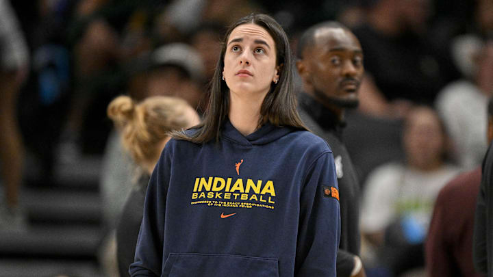 Aug 1, 2025; Dallas, Texas, USA; Indiana Fever guard Caitlin Clark (22) during the game between the Dallas Wings and the Indiana Fever at the American Airlines Center. Mandatory Credit: Jerome Miron-Imagn Images