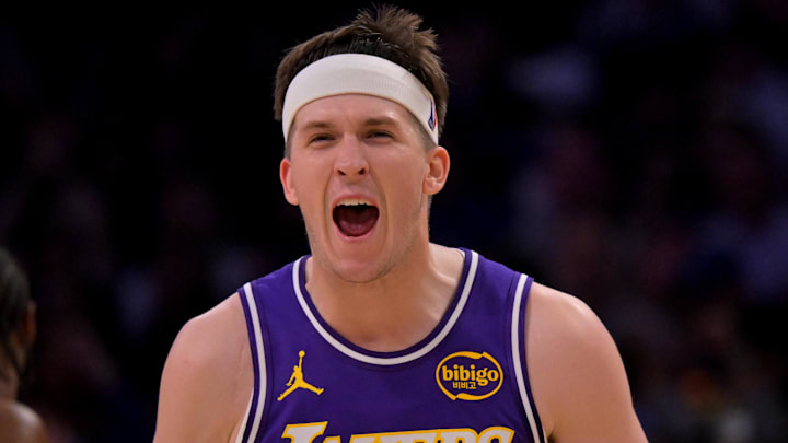 Los Angeles Lakers guard Austin Reaves (15) reacts at the buzzer defeating the Philadelphia 76ers at Crypto.com Arena on February 5, 2026.