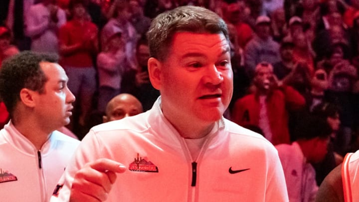 Dec 20, 2025; Phoenix, Arizona, USA; Arizona Wildcats head coach Tommy Lloyd against the San Diego State Aztecs during the Hall of Fame Series at Mortgage Matchup Center. Mandatory Credit: Mark J. Rebilas-Imagn Images