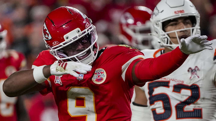 Dec 25, 2025; Kansas City, Missouri, USA; Kansas City Chiefs wide receiver Juju Smith-Schuster (9) celebrates during the fourth quarter at GEHA Field at Arrowhead Stadium. Mandatory Credit: Denny Medley-Imagn Images