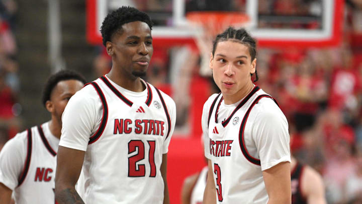 Mar 7, 2026; Raleigh, North Carolina, USA; NC State Wolfpack guard Matt Able (3) reacts after scoring against the Stanford Cardinal during the second half at Lenovo Center. Mandatory Credit: Zachary Taft-Imagn Images Mar 7, 2026; Raleigh, North Carolina, USA; NC State Wolfpack guard Matt Able (3) reacts after scoring against the Stanford Cardinal during the second half at Lenovo Center. Mandatory Credit: Zachary Taft-Imagn Images