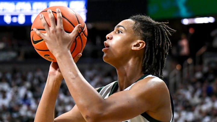 Michigan State's Jordan Scott makes a 3-pointer against Duke during the second half on Saturday, Dec. 6, 2025, at the Breslin Center in East Lansing. Michigan State's Jordan Scott makes a 3-pointer against Duke during the second half on Saturday, Dec. 6, 2025, at the Breslin Center in East Lansing.