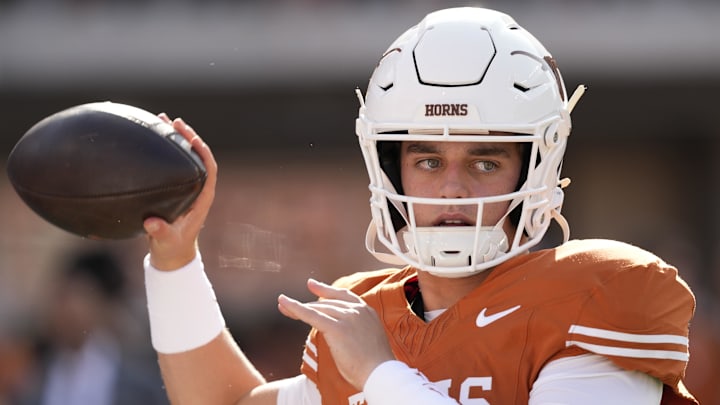 Nov 22, 2025; Austin, Texas, USA; Texas Longhorns quarterback Arch Manning (16) warms up before a game against the Arkansas Razorbacks at Darrell K Royal-Texas Memorial Stadium. Mandatory Credit: Scott Wachter-Imagn Images