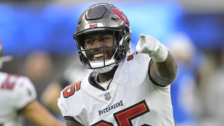 Dec 15, 2024; Inglewood, California, USA; Tampa Bay Buccaneers cornerback Jamel Dean (35) celebrates after a fumble recovery in the second half against the Los Angeles Chargers at SoFi Stadium. Mandatory Credit: Jayne Kamin-Oncea-Imagn Images