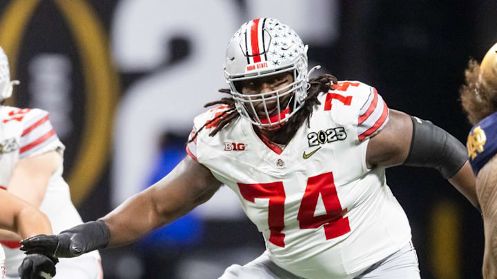 Jan 20, 2025; Atlanta, GA, USA; Ohio State Buckeyes offensive lineman Donovan Jackson (74) against the Notre Dame Fighting Irish during the CFP National Championship college football game at Mercedes-Benz Stadium. Mandatory Credit: Mark J. Rebilas-Imagn Images Jan 20, 2025; Atlanta, GA, USA; Ohio State Buckeyes offensive lineman Donovan Jackson (74) against the Notre Dame Fighting Irish during the CFP National Championship college football game at Mercedes-Benz Stadium. Mandatory Credit: Mark J. Rebilas-Imagn Images