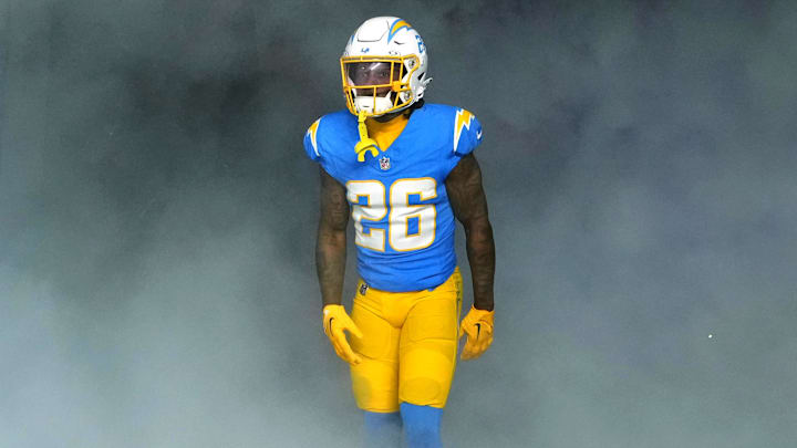 Dec 23, 2023; Inglewood, California, USA; Los Angeles Chargers cornerback Asante Samuel Jr. (26)  enters the field before the game against the Buffalo Bills at SoFi Stadium. Mandatory Credit: Kirby Lee-Imagn Images