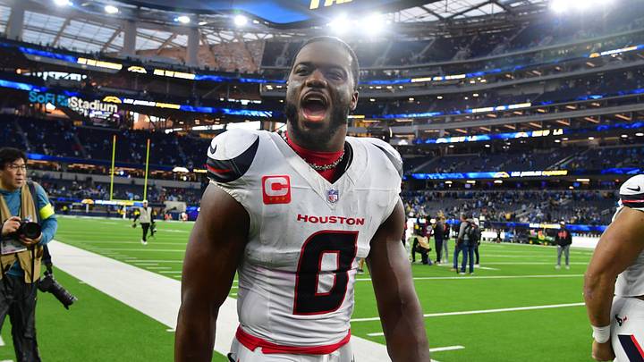 Dec 27, 2025; Inglewood, California, USA;  Houston Texans linebacker Azeez al-Shaair (0) leaves the field following a game against the Los Angeles Chargers at SoFi Stadium. Mandatory Credit: Gary A. Vasquez-Imagn Images