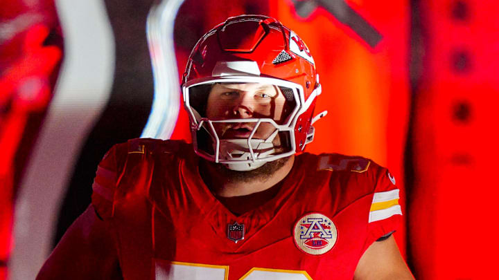 Oct 12, 2025; Kansas City, Missouri, USA; Kansas City Chiefs center Creed Humphrey (52) takes the field prior to a game against the Detroit Lions at GEHA Field at Arrowhead Stadium. Mandatory Credit: Jay Biggerstaff-Imagn Images