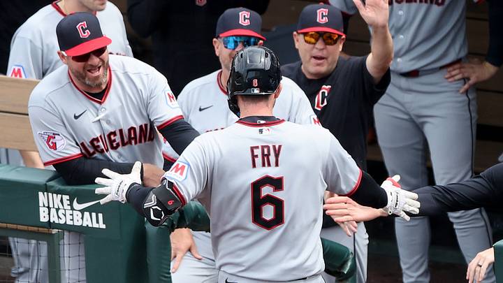 May 2, 2026; West Sacramento, California, USA; Cleveland Guardians right fielder David Fry (6) is congratulated by teammates after hitting a solo home run against the Athletics during the sixth inning at Sutter Health Park. Mandatory Credit: Dennis Lee-Imagn Images