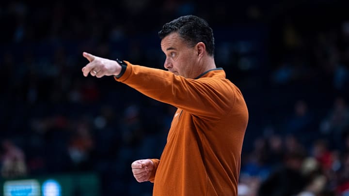 Texas Longhorns head coach Sean Miller works the sideline against Mississippi during their 2026 SEC Men’s Basketball Tournament.
