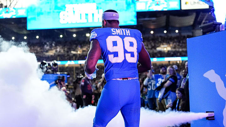 Detroit Lions defensive end Za'Darius Smith (99) takes the field for first half against Jacksonville Jaguars at Ford Field in Detroit on Sunday, Nov. 17, 2024.