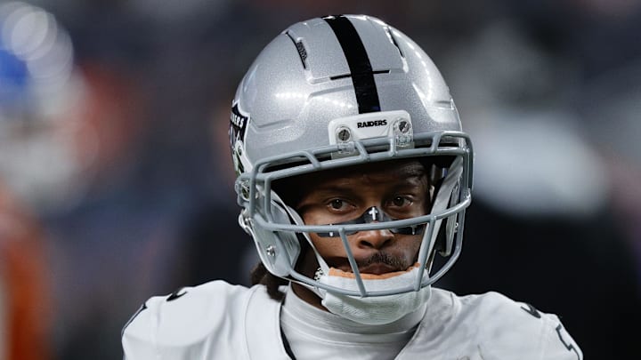 Nov 6, 2025; Denver, Colorado, USA; Las Vegas Raiders wide receiver Tre Tucker (1) before the game at Empower Field at Mile High. Mandatory Credit: Isaiah J. Downing-Imagn Images