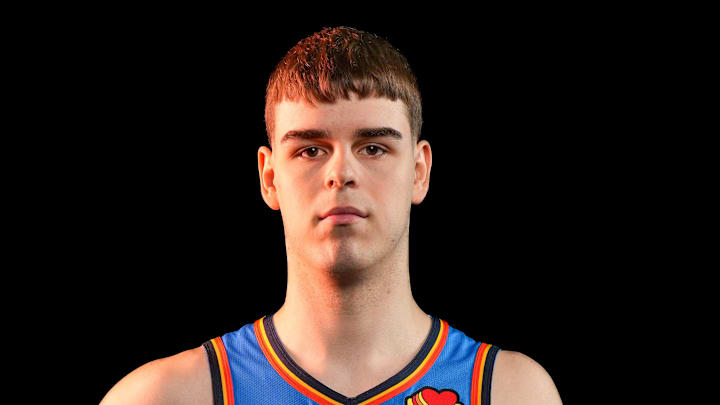 Oklahoma guard Nikola Topic (44) poses for a photo shoot during Thunder media day at Paycom Center in Oklahoma City on Monday, Sept. 29, 2025. Oklahoma guard Nikola Topic (44) poses for a photo shoot during Thunder media day at Paycom Center in Oklahoma City on Monday, Sept. 29, 2025.