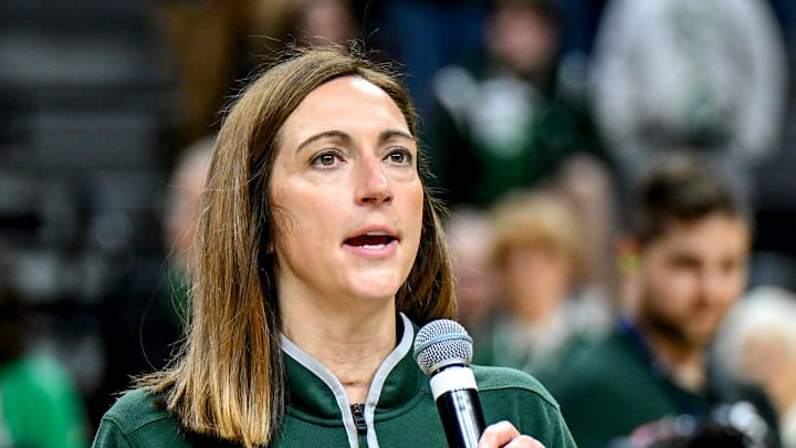Michigan State's head coach Robyn Fralick speaks during the senior night ceremony after MSU's win over Northwestern on Wednesday, Feb. 18, 2026, at the Breslin Center in East Lansing.