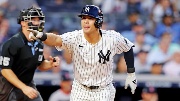 Sep 30, 2025; Bronx, New York, USA; New York Yankees shortstop Anthony Volpe (11) hits a solo home run during the first inning against the Boston Red Sox during game one of the Wildcard round for the 2025 MLB playoffs at Yankee Stadium. Mandatory Credit: Brad Penner-Imagn Images Sep 30, 2025; Bronx, New York, USA; New York Yankees shortstop Anthony Volpe (11) hits a solo home run during the first inning against the Boston Red Sox during game one of the Wildcard round for the 2025 MLB playoffs at Yankee Stadium. Mandatory Credit: Brad Penner-Imagn Images