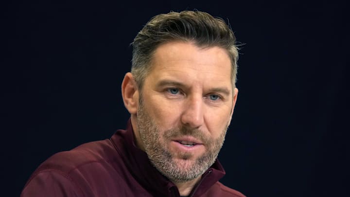 Washington Commanders general manager Adam Peters speaks during the NFL Scouting Combine. Washington Commanders general manager Adam Peters speaks during the NFL Scouting Combine.