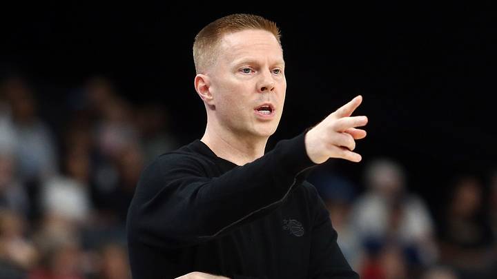 Oct 7, 2026; Memphis, Tennessee, USA;  Orlando Magic head coach Sean Sweeney reacts during the first quarter against the Memphis Grizzlies at FedExForum.  Mandatory Credit: Petre Thomas-Imagn Images