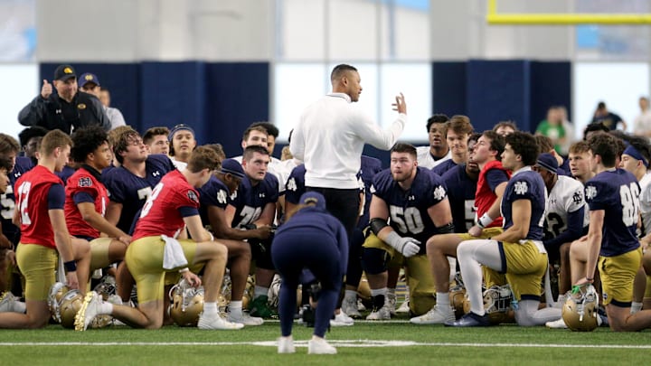 Notre Dame Head Coach Marcus Freeman talks to the team at Notre Dame spring football practice Thursday, March 7, 2024, at the Irish Athletics Center in South Bend. Notre Dame Head Coach Marcus Freeman talks to the team at Notre Dame spring football practice Thursday, March 7, 2024, at the Irish Athletics Center in South Bend.