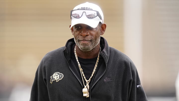 Oct 11, 2025; Boulder, Colorado, USA; Colorado Buffaloes head coach Deion Sanders before the game against the Iowa State Cyclones at Folsom Field. Mandatory Credit: Ron Chenoy-Imagn Images