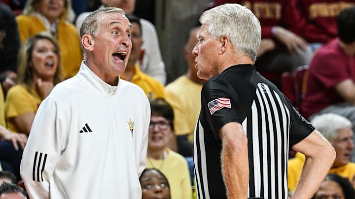 Mar 7, 2026; Ames, Iowa, USA; Arizona State Sun Devils head coach Bobby Hurley reacts with an official during the second half against the Iowa State Cyclones at James H. Hilton Coliseum. Mandatory Credit: Jeffrey Becker-Imagn Images