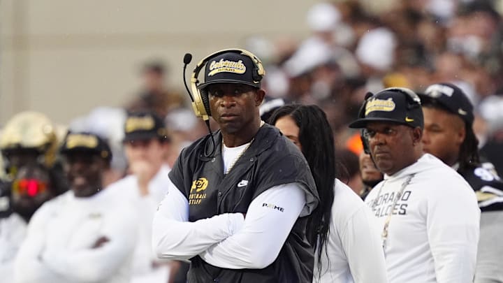 Aug 29, 2025; Boulder, Colorado, USA; Colorado Buffaloes head coach Deion Sanders on the sidelines in the second quarter against the Georgia Tech Yellow Jackets at Folsom Field. Mandatory Credit: Ron Chenoy-Imagn Images