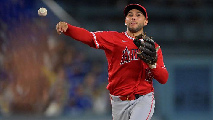 Jun 5, 2026; Los Angeles, California, USA;  Los Angeles Angels third baseman Nick Madrigal (17) makes a play against the Los Angeles Dodgers at Dodger Stadium.