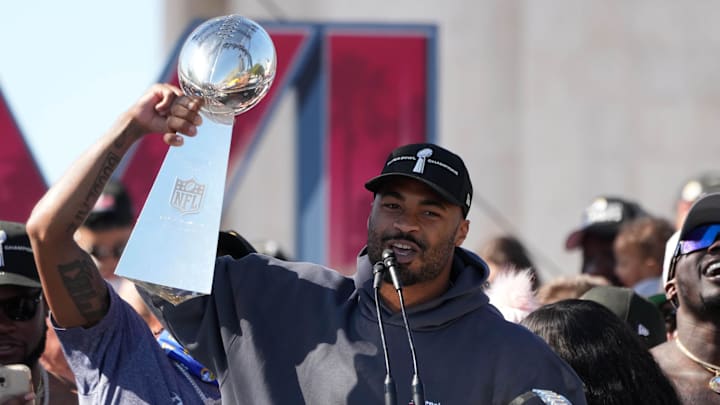 Feb 16, 2022; Los Angeles, CA, USA; Los Angeles Rams receiver Robert Woods holds the Vince Lombardi trophy during Super Bowl LVI championship rally at the Los Angeles Memorial Coliseum. Mandatory Credit: Kirby Lee-Imagn Images