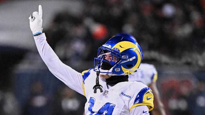 Jan 18, 2026; Chicago, IL, USA; Los Angeles Rams cornerback Cobie Durant (14) reacts to a rushing touchdown scored by running back Kyren Williams (not pictured) against the Chicago Bears during the fourth quarter of an NFC Divisional Round game at Soldier Field. Mandatory Credit: Matt Marton-Imagn Images