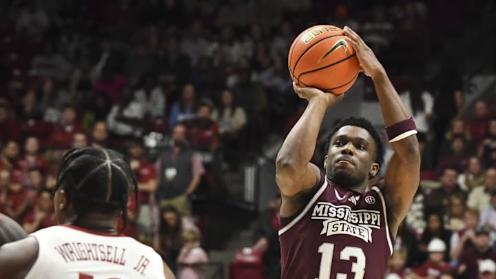 Feb 3, 2024; Tuscaloosa, Alabama, USA;  Mississippi State guard Josh Hubbard (13) shoots against Alabama at Coleman Coliseum. Mandatory Credit: Gary Cosby Jr.-Imagn Images