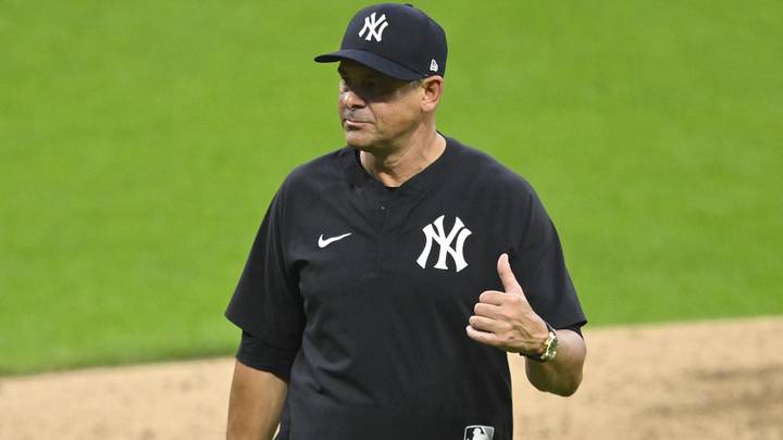 Jun 9, 2026; Cleveland, Ohio, USA; New York Yankees manager Aaron Boone (17) walks on the field in the sixth inning against the Cleveland Guardians at Progressive Field. Mandatory Credit: David Richard-Imagn Images