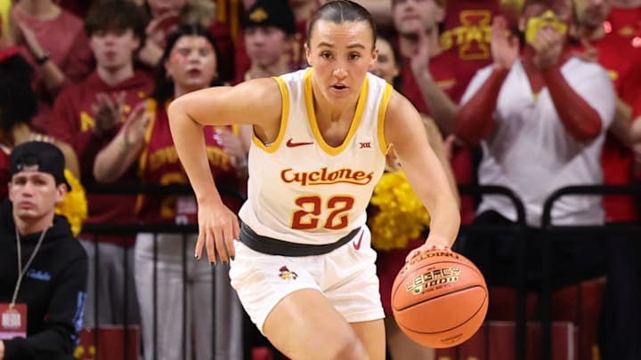 Dec 10, 2025; Ames, Iowa, USA; Iowa State Cyclones Reagan Wilson (22) starts a fast break during there first half at James H. Hilton Coliseum.