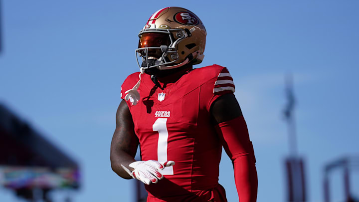 Dec 8, 2024; Santa Clara, California, USA; San Francisco 49ers wide receiver Deebo Samuel Sr. (1) walks on the field before the start of the game against the Chicago Bears at Levi's Stadium. Mandatory Credit: Cary Edmondson-Imagn Images