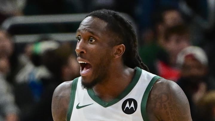 Milwaukee Bucks guard Taurean Prince reacts after a foul call in the third quarter against the Chicago Bulls at Fiserv Forum on October 14, 2024. Milwaukee Bucks guard Taurean Prince reacts after a foul call in the third quarter against the Chicago Bulls at Fiserv Forum on October 14, 2024.