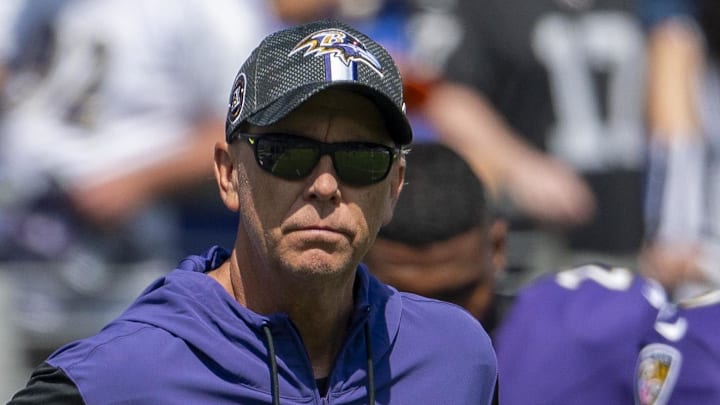 Sep 15, 2024; Baltimore, Maryland, USA; Baltimore Ravens coordinator Todd Monken on the field before the game against the Las Vegas Raiders  at M&T Bank Stadium. Mandatory Credit: Tommy Gilligan-Imagn Images