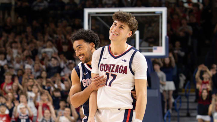 Gonzaga Bulldogs Braeden Smith (left) and Mario Saint-Supery (right) during 2025 Kraziness in the Kennel.